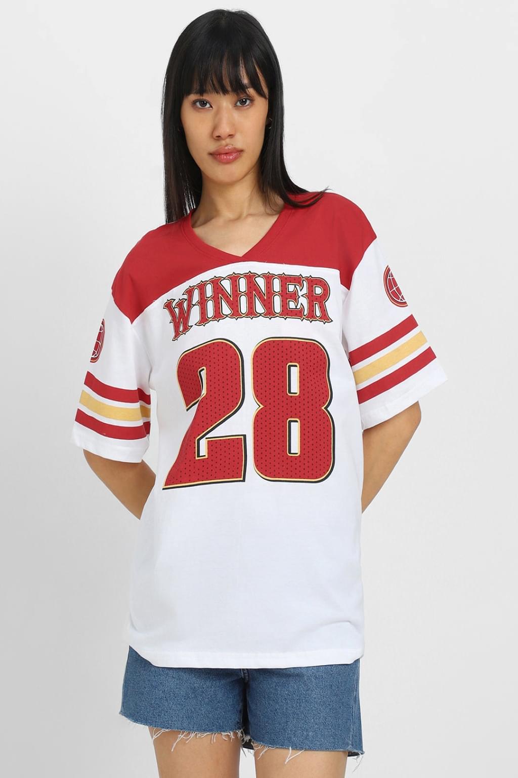 Winner White Graphic Printed Oversized T-Shirt - Image 1